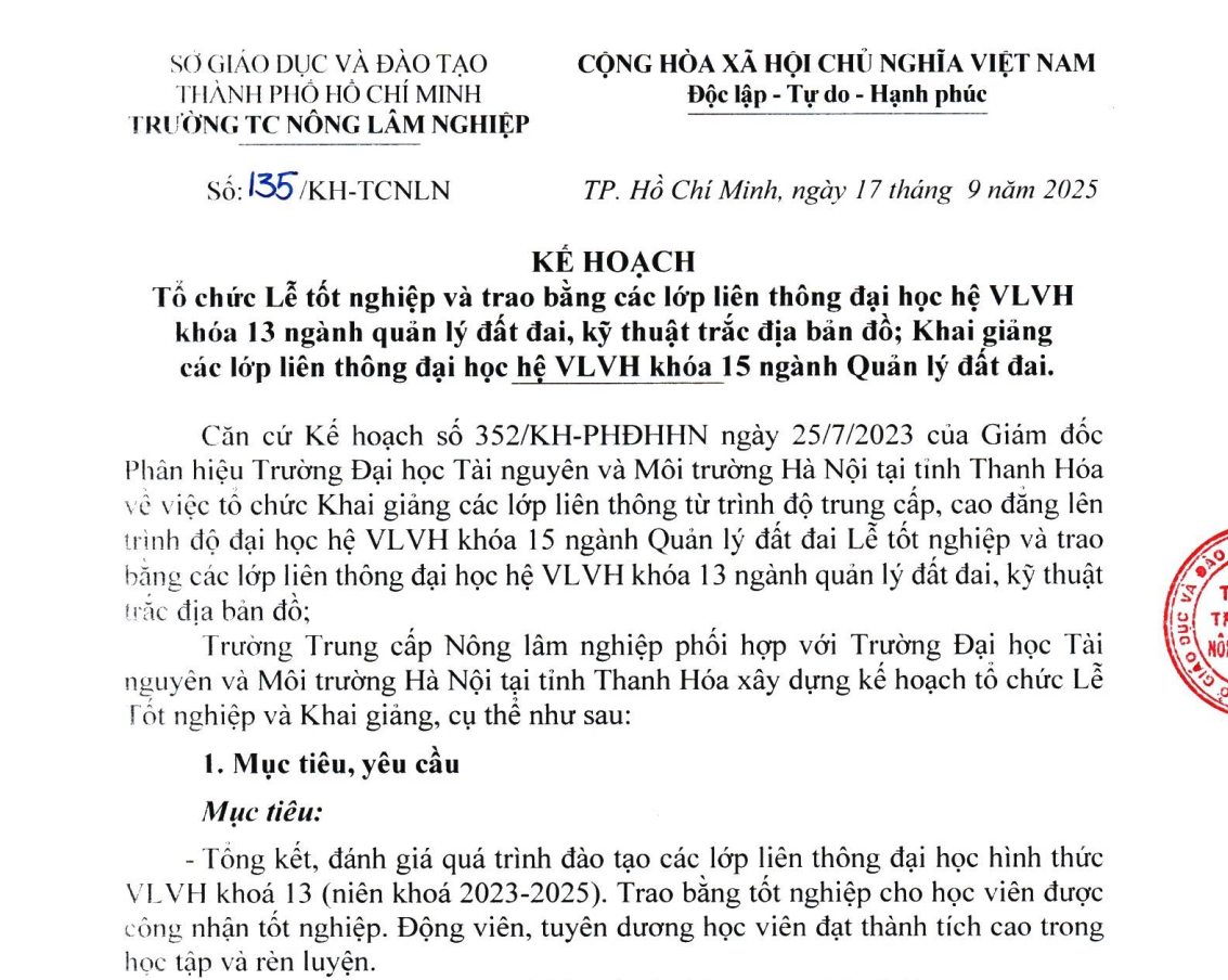 Kế hoạch tổ chức lễ tốt nghiệp và trao bằng khóa 13 ngành QLĐĐ, trắc địa bản đồ; khai giảng các lớp liên thông hệ đại học VLVH khóa 15 ngành QLĐĐ